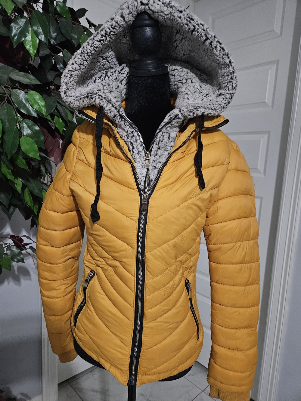 YMI Mustard Puffer Jacket with Sherpa Hood